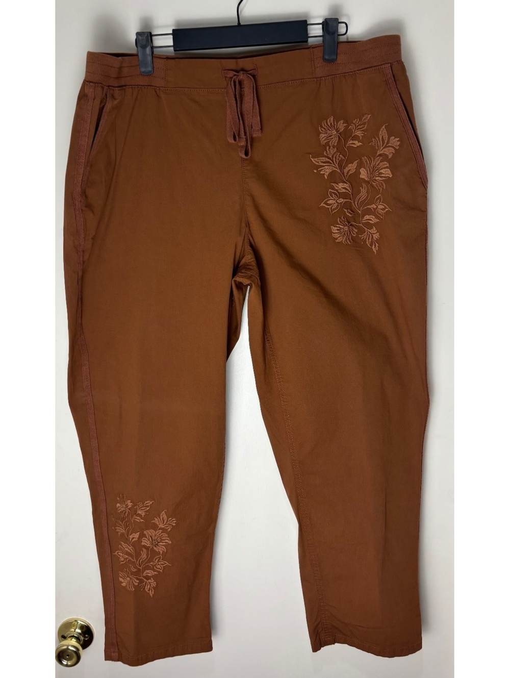 Style & Co Women’s XL Brown Floral Embroidered Pull-On Pants Drawstring Boho